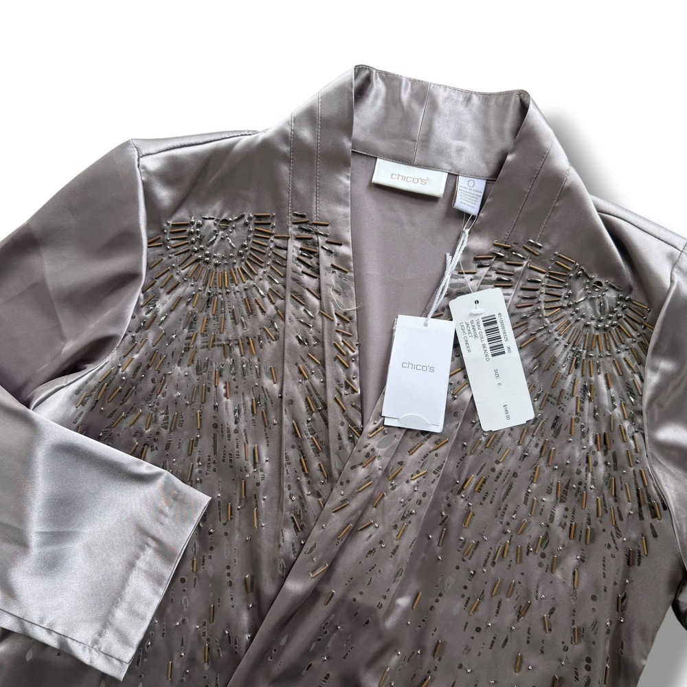 Chicos 0 Sz S Light Cinder Grey Travelers Collection Beaded Sunrise Jacket Silky